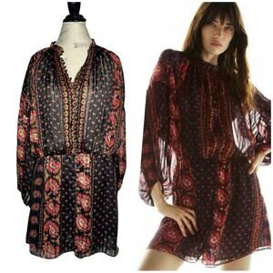 Zara | Women | Dark Paisley Metallic Thread Boho Sheer LS Mini Dress | Size XL